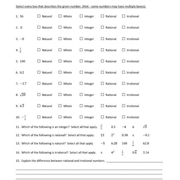 Seventh Grade Number Classification Worksheet 05 â One Page Worksheets